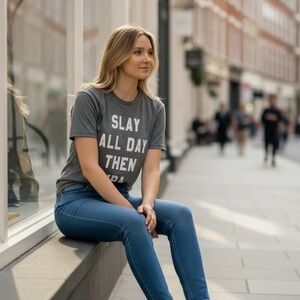 SLAY ALL DAY THEN IPA Gray Graphic T-Shirt size small